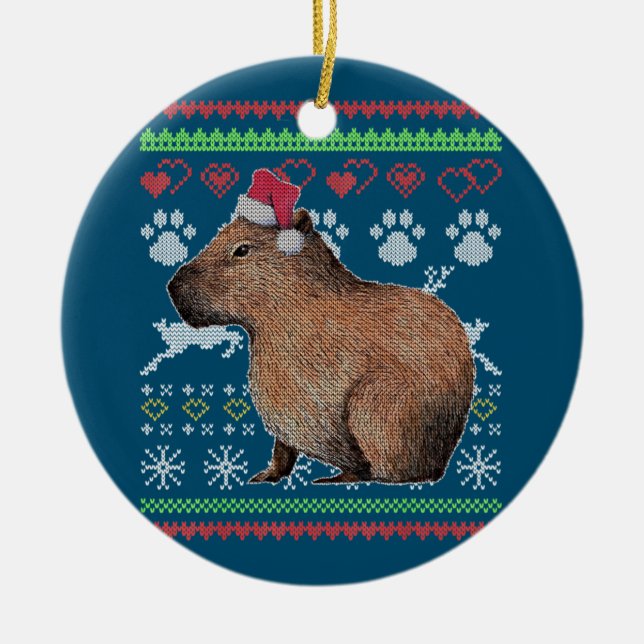 Ornamento De Cerâmica Capybara Papais noeis-Claus Ugly Christmas Sweater (Frente)