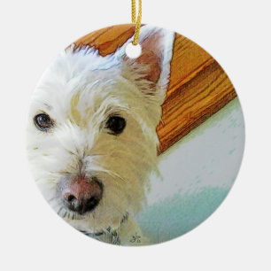 Ornamento De Cerâmica Cara do cão de Westie, olhando o