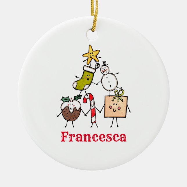 Ornamento De Cerâmica Caracteres de Natal Curto Personalizados (Frente)