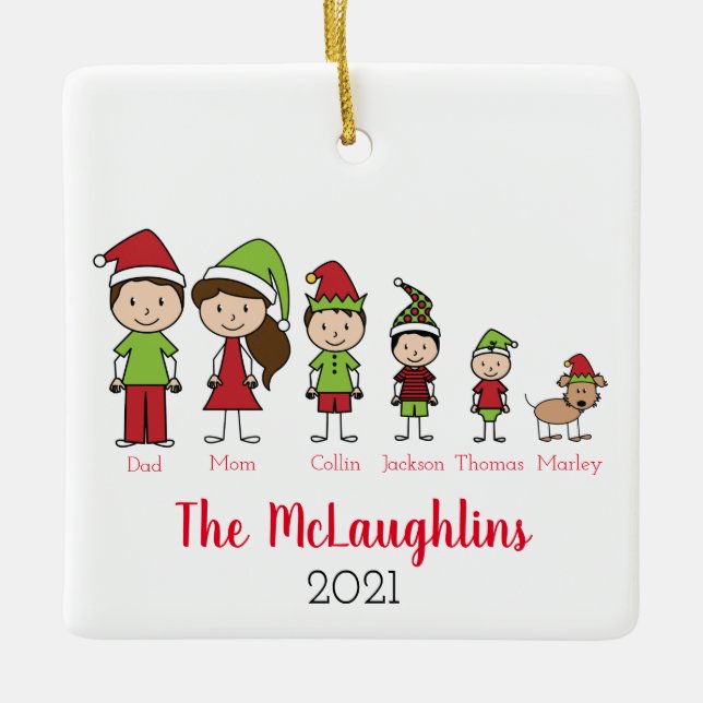 Ornamento De Cerâmica Carateres De Natal Em Família E Cachorro (Frente)