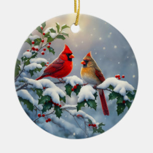 Ornamento De Cerâmica Cardeais-vermelhos e Azevinho na Neve