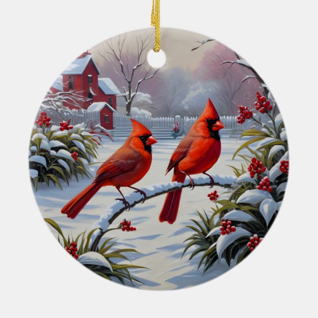 Ornamento De Cerâmica Cardeais vermelhos no inverno (Traseira)