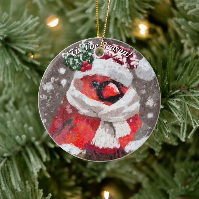 Ornamento De Cerâmica Cardeal Bird Scarf Hat Snow Christmas Seasonal (Árvore)