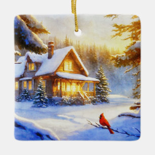 Ornamento De Cerâmica Cardeal em um Dia de Neve