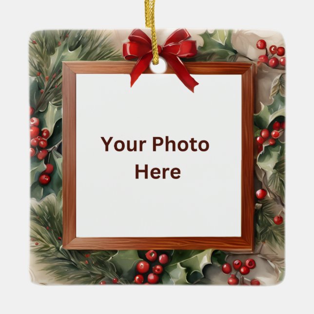 Ornamento De Cerâmica Cardeal, Holly e Fir Foto de Natal (Frente)