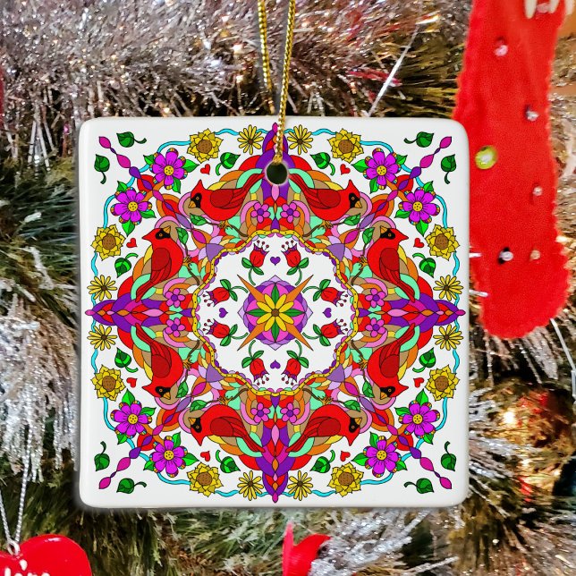 Ornamento De Cerâmica Cardeal Personalizado e Flores Mandala (Criador carregado)