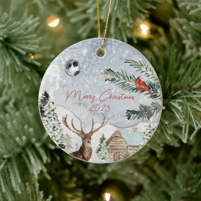 Ornamento De Cerâmica Cardeal tradicional de cervejas de inverno de neve (Árvore)