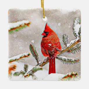 Ornamento De Cerâmica Cardinal em um pinheiro no inverno