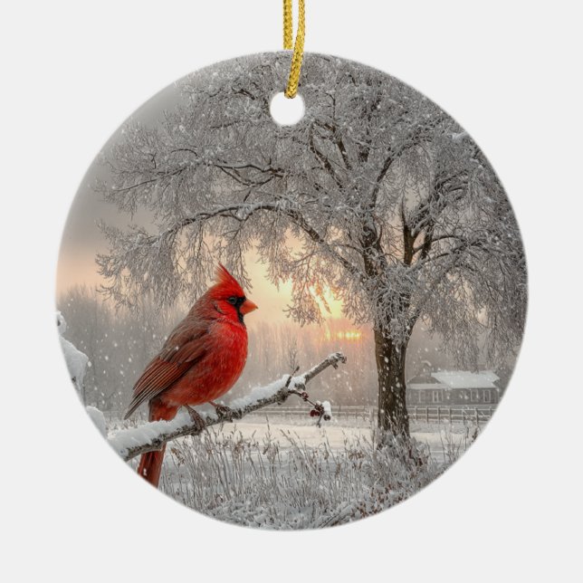 Ornamento De Cerâmica Cardinal On a Snowy Branch Ceramic Circle Ornament (Frente)