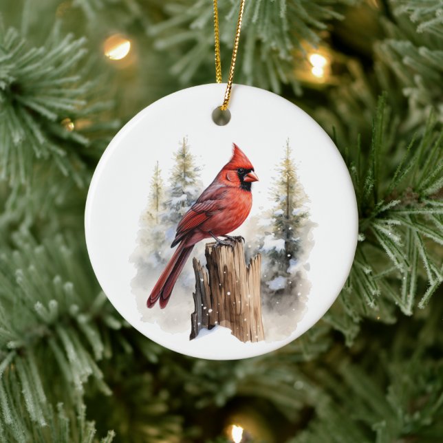 Ornamento De Cerâmica Cardinal Red Bird Aquarela Personalizada no Natal (Árvore)