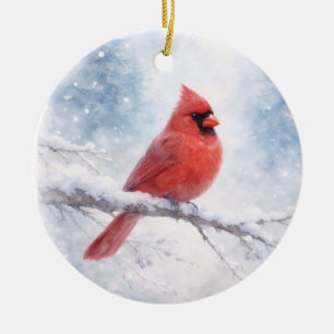 Ornamento De Cerâmica Cardinal Vermelho Aquarela de Inverno