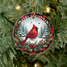 Ornamento De Cerâmica Cardinal Vermelho com Bagas de Azevinho