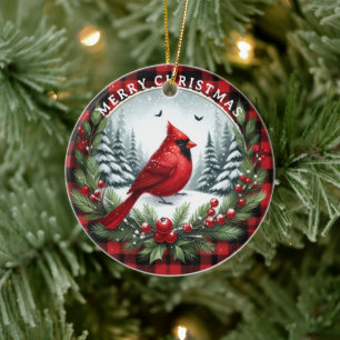 Ornamento De Cerâmica Cardinal Vermelho com Bagas de Azevinho