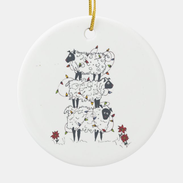 Ornamento De Cerâmica Carneiros empilhados no Natal (Frente)