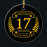 Ornamento De Cerâmica Carnelian Gemstone aniversário de 17 anos<br><div class="desc">Uma design para celebrar 17 anos de casamento. Este design tem um design amarelo (carneliano) de riscar a cores sobre um fundo preto. O Carnelian é a pedra angular tradicional desta ocasião. O texto refere-se ao aniversário de 17 anos de Carnelian. Uma design romântica para comemorar seu 17º ano de...</div>