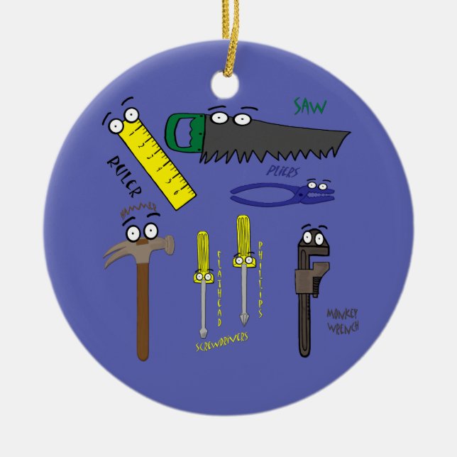 Ornamento De Cerâmica Carpenter Tools Whimsical Cartoon Art (Frente)
