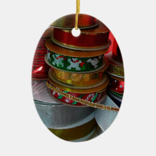 Ornamento De Cerâmica Carretéis de Fita de Natal Vermelha e Dourada