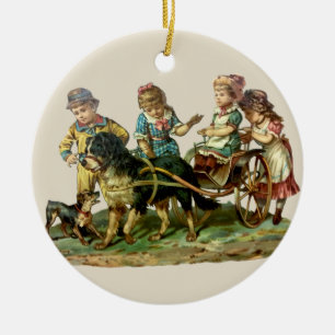 Ornamento De Cerâmica Carrinho de Criança e Cachorro Antigo