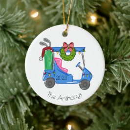 Ornamento De Cerâmica Carrinho de Golfe Azul de Natal Personalizado