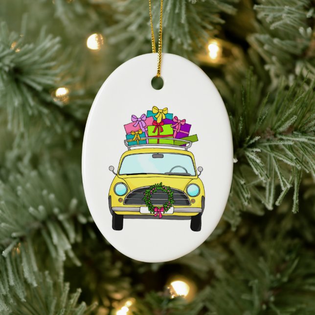 Ornamento De Cerâmica Carro Amarelo com presentes de Natal (Árvore)