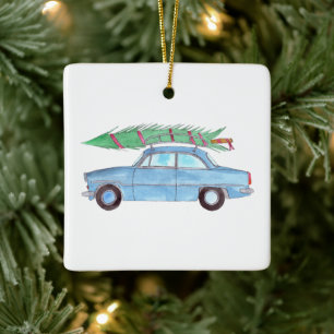 Ornamento De Cerâmica Carro Azul com Árvore de Natal