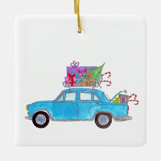 Ornamento De Cerâmica Carro Azul com Presente de Natal Aquarela (Frente)