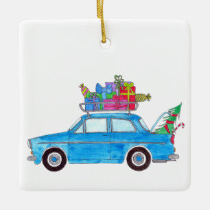 Ornamento De Cerâmica Carro Azul com Presente de Natal Aquarela