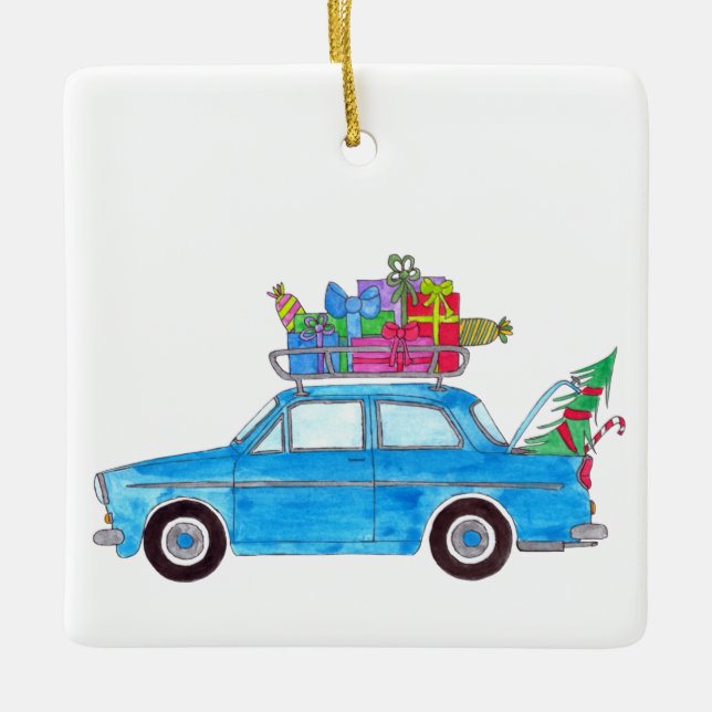 Ornamento De Cerâmica Carro Azul com Presente de Natal Aquarela (Frente)