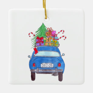 Ornamento De Cerâmica Carro Azul com Presente de Natal Aquarela