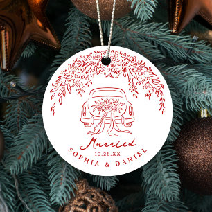 Ornamento De Cerâmica Carro Caprichoso Vermelho Nosso Primeiro Natal Cas