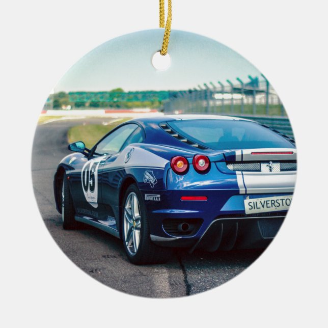 Ornamento De Cerâmica Carro de Corrida Azul (Frente)