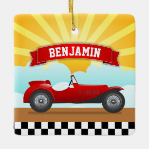 Ornamento De Cerâmica Carro de Corrida Vermelho Vintage Nome Personaliza