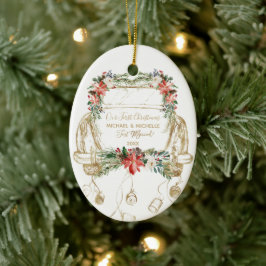 Ornamento De Cerâmica Carro Dourado Floral do Primeiro Natal, recém-casa