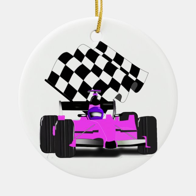 Ornamento De Cerâmica Carro Race Rosa Girly com Bandeira Verificada (Frente)