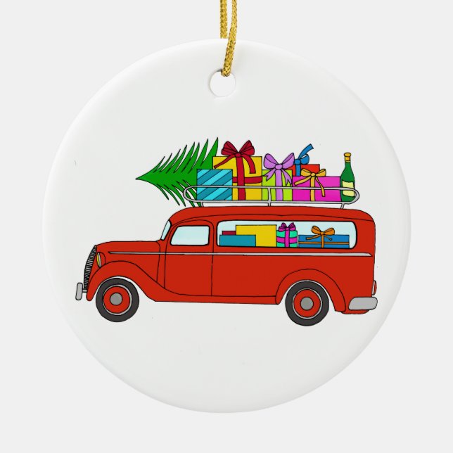 Ornamento De Cerâmica Carro retrô de natal desenhado à mão com presentes (Frente)