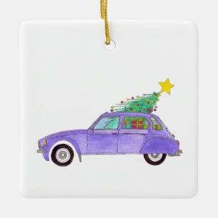 Ornamento De Cerâmica Carro roxo com presentes de Natal
