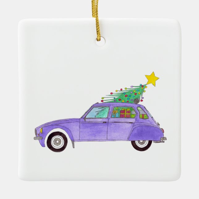 Ornamento De Cerâmica Carro roxo com presentes de Natal (Frente)