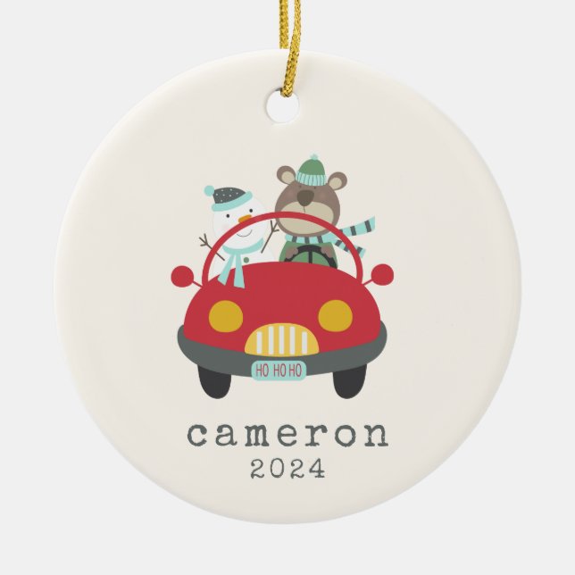 Ornamento De Cerâmica Carro Vermelho Bonito Urso de Natal Personalizado (Frente)