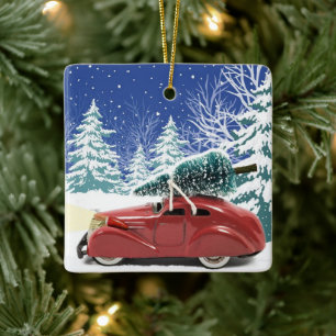 Ornamento De Cerâmica Carro Vermelho com Árvore de Natal no Telhado