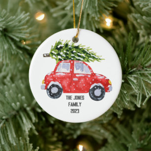Ornamento De Cerâmica Carro Vermelho com Árvore de Natal no Topo - Perso