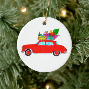 Ornamento De Cerâmica Carro Vermelho com Dobras de Natal Aquarela