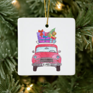Ornamento De Cerâmica Carro Vermelho com Dobras de Natal Aquarela