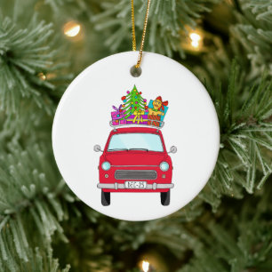 Ornamento De Cerâmica Carro Vermelho com presentes de Natal