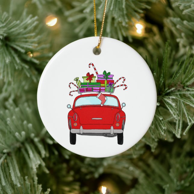 Ornamento De Cerâmica Carro Vermelho com presentes de Natal (Árvore)