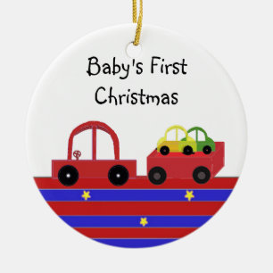Ornamento De Cerâmica Carro Vermelho e Carrinho de Bebê no Primeiro Nata