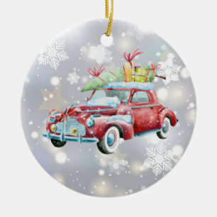 Ornamento De Cerâmica Carro vintage Vermelho com Árvore de Natal e Floc