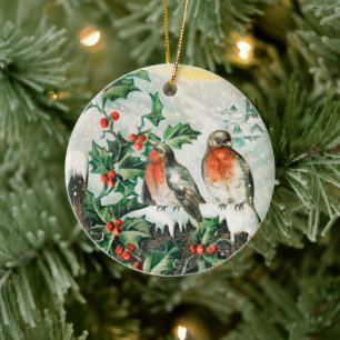 Ornamento De Cerâmica Cartão de Natal Antigo com Pintarroxos, Azevinho e