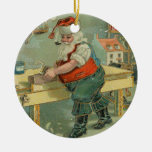 Ornamento De Cerâmica Cartão de Natal Antigo - Papai Noel em sua Oficina