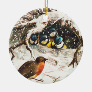 Ornamento De Cerâmica Cartão de Natal da era Vitoriana antiga, Pássaros