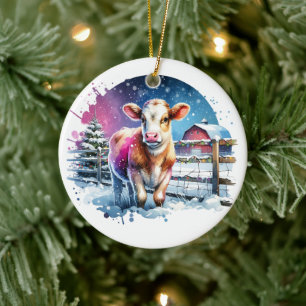 Ornamento De Cerâmica Cartão de Natal de Vaca Festiva Fofa Personalizado